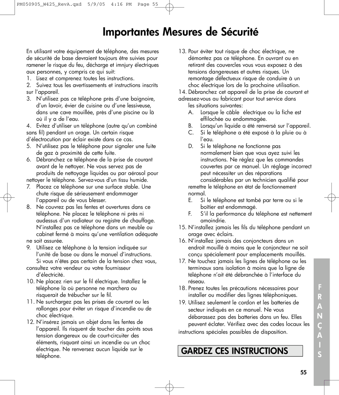 Clarity W425 owner manual Importantes Mesures de Sécurité, Gardez CES Instructions 