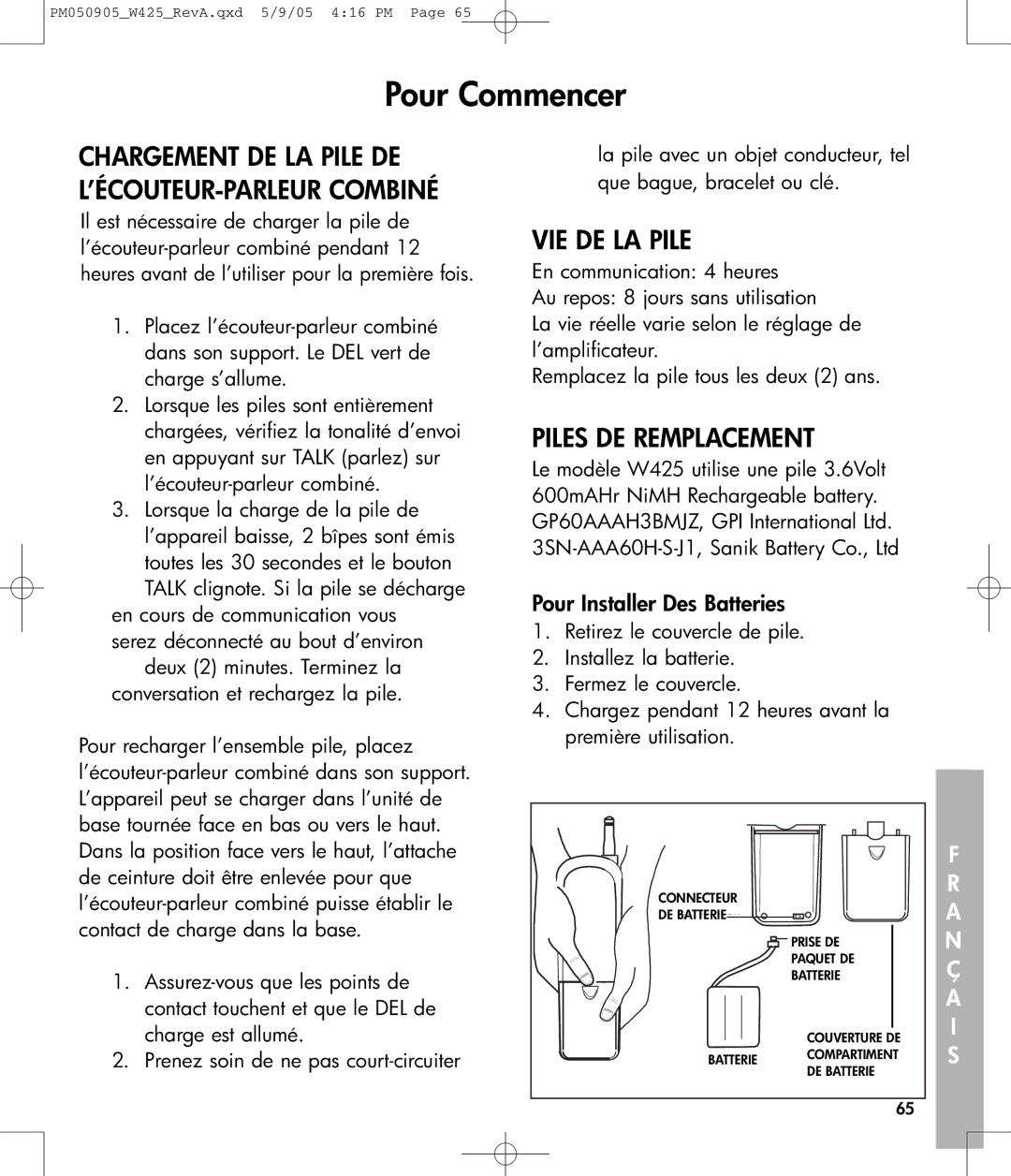 Clarity W425 owner manual VIE DE LA Pile, Piles DE Remplacement, Pour Installer Des Batteries 