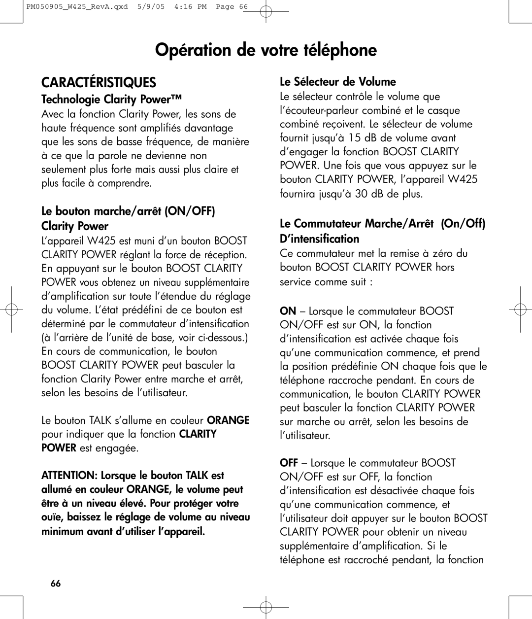 Clarity W425 owner manual Opération de votre téléphone, Caractéristiques 