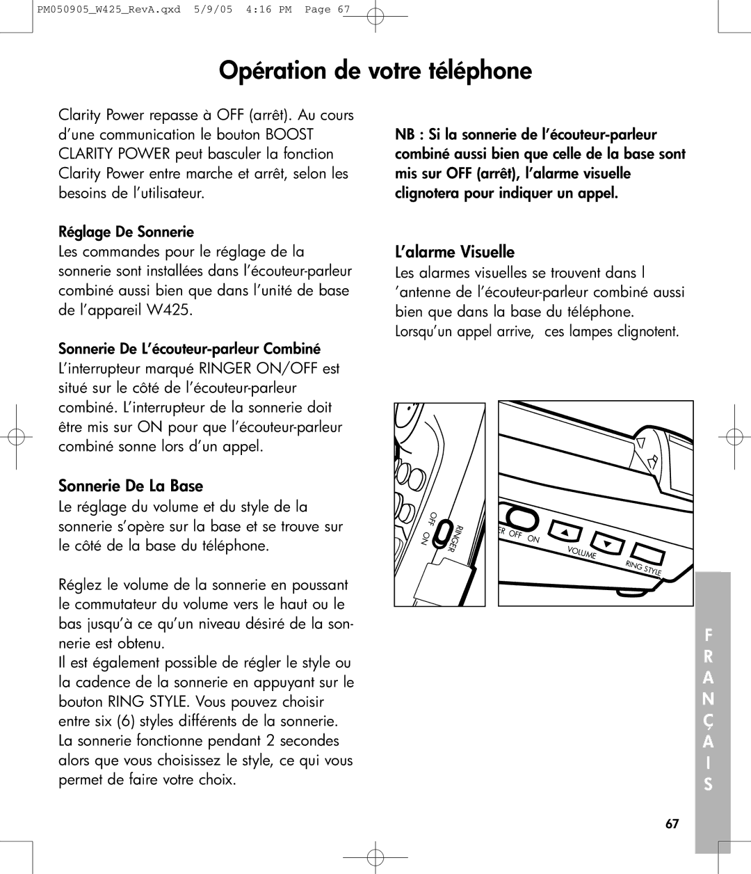 Clarity W425 owner manual Sonnerie De La Base, ’alarme Visuelle 