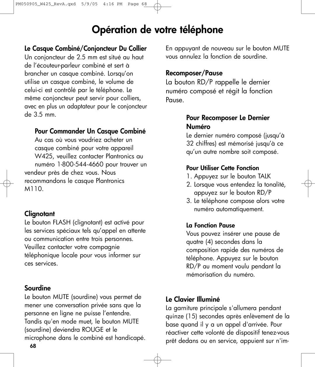 Clarity W425 owner manual Le Casque Combiné/Conjoncteur Du Collier, Pour Commander Un Casque Combiné, Clignotant, Sourdine 