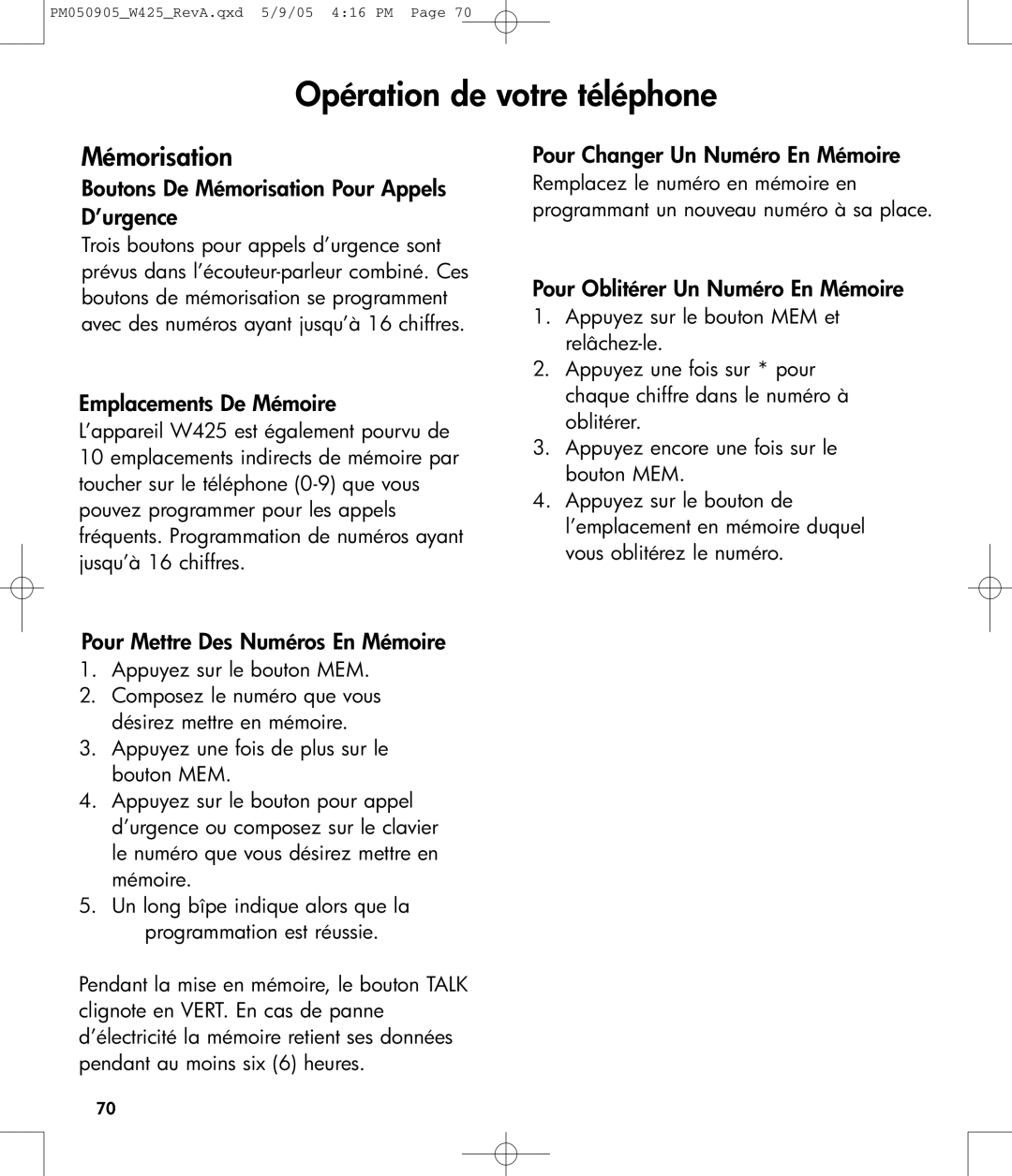 Clarity W425 Boutons De Mémorisation Pour Appels D’urgence, Emplacements De Mémoire, Pour Changer Un Numéro En Mémoire 