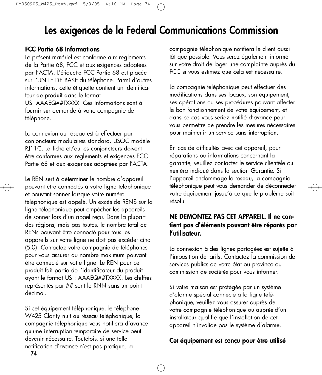 Clarity W425 owner manual Les exigences de la Federal Communications Commission, FCC Partie 68 Informations 