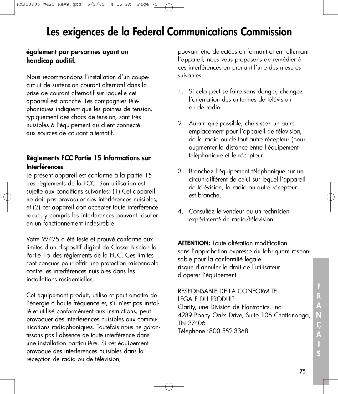 Clarity W425 Également par personnes ayant un handicap auditif, Règlements FCC Partie 15 Informations sur Interférences 