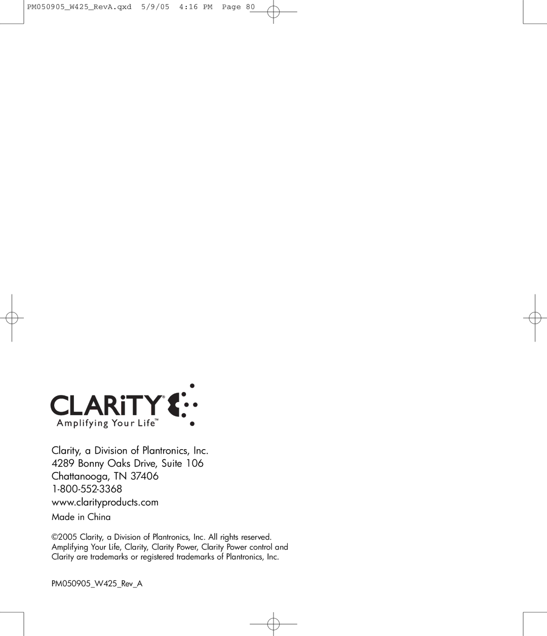 Clarity W425 owner manual Made in China 