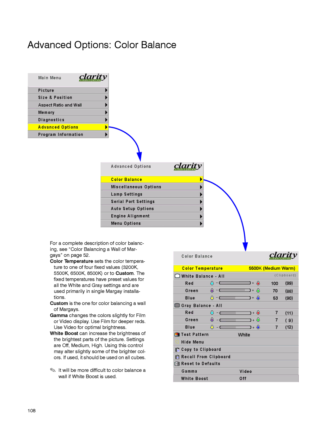 Clarity WN-5040-720 manual Advanced Options Color Balance 