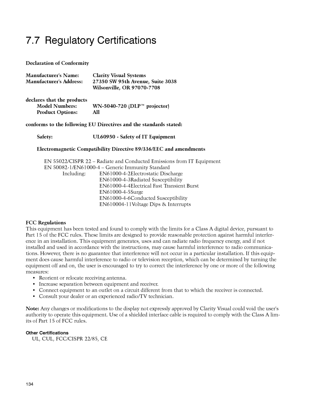 Clarity WN-5040-720 manual Regulatory Certifications, FCC Regulations 