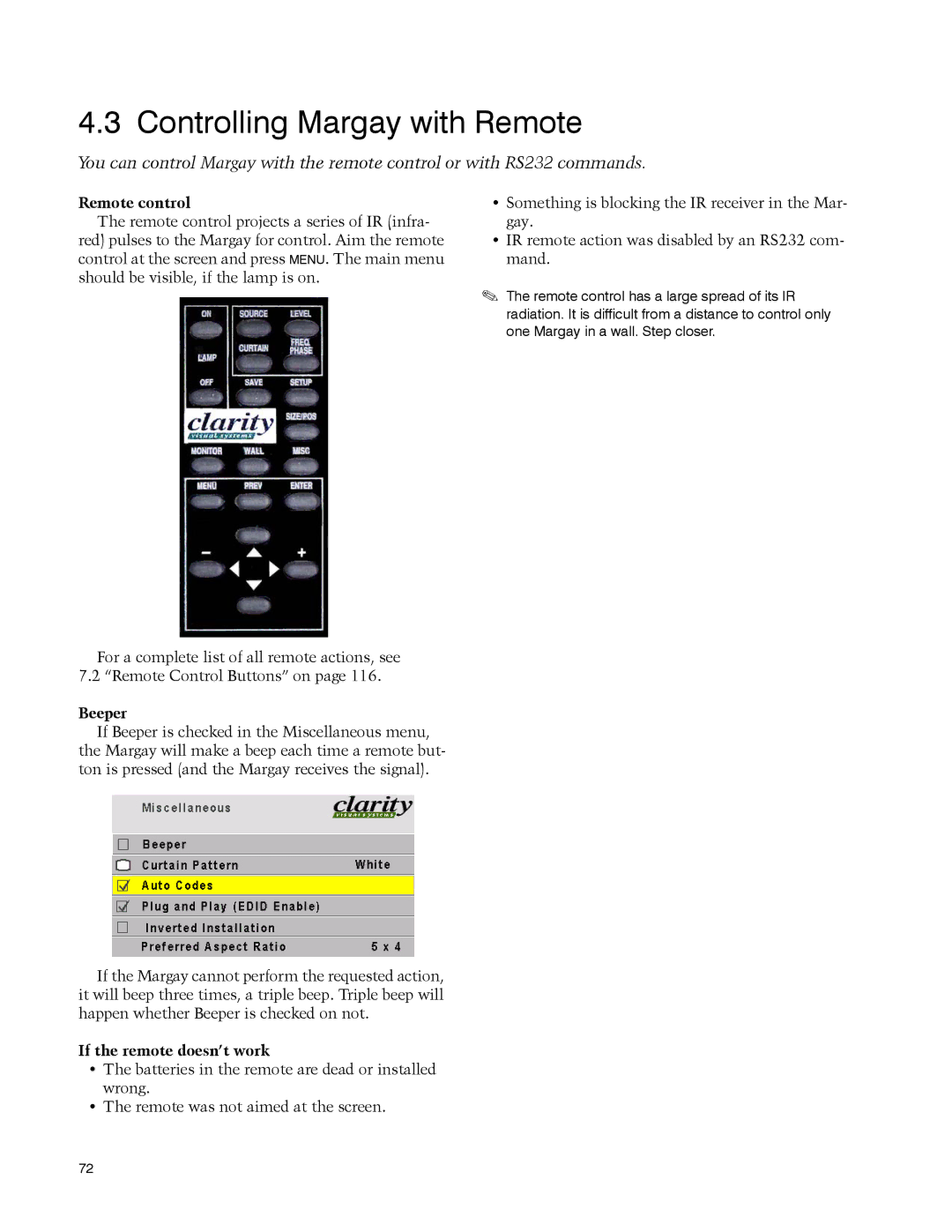 Clarity WN-5040-720 manual Controlling Margay with Remote, Remote control, Beeper, If the remote doesn’t work 