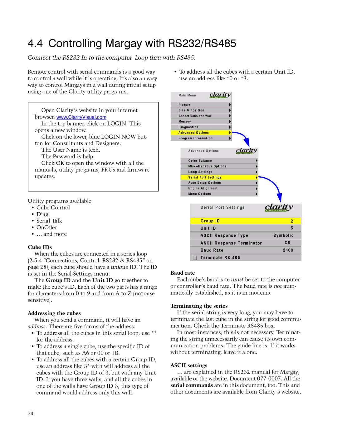 Clarity WN-5040-720 manual Controlling Margay with RS232/RS485, Connect the RS232 In to the computer. Loop thru with RS485 