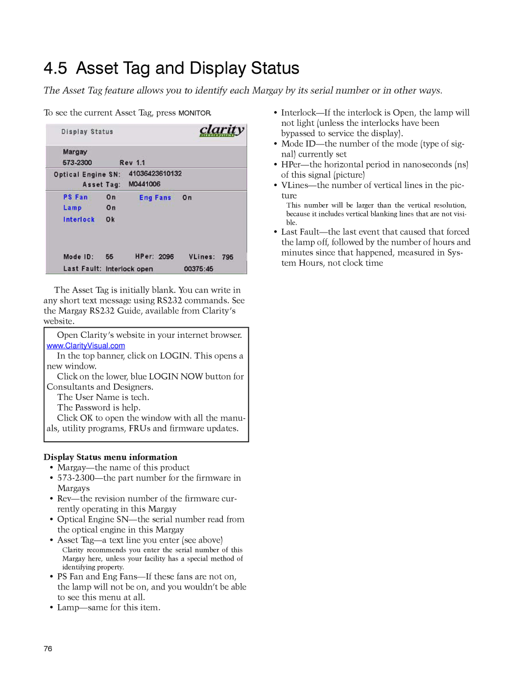 Clarity WN-5040-720 manual Asset Tag and Display Status, Display Status menu information 