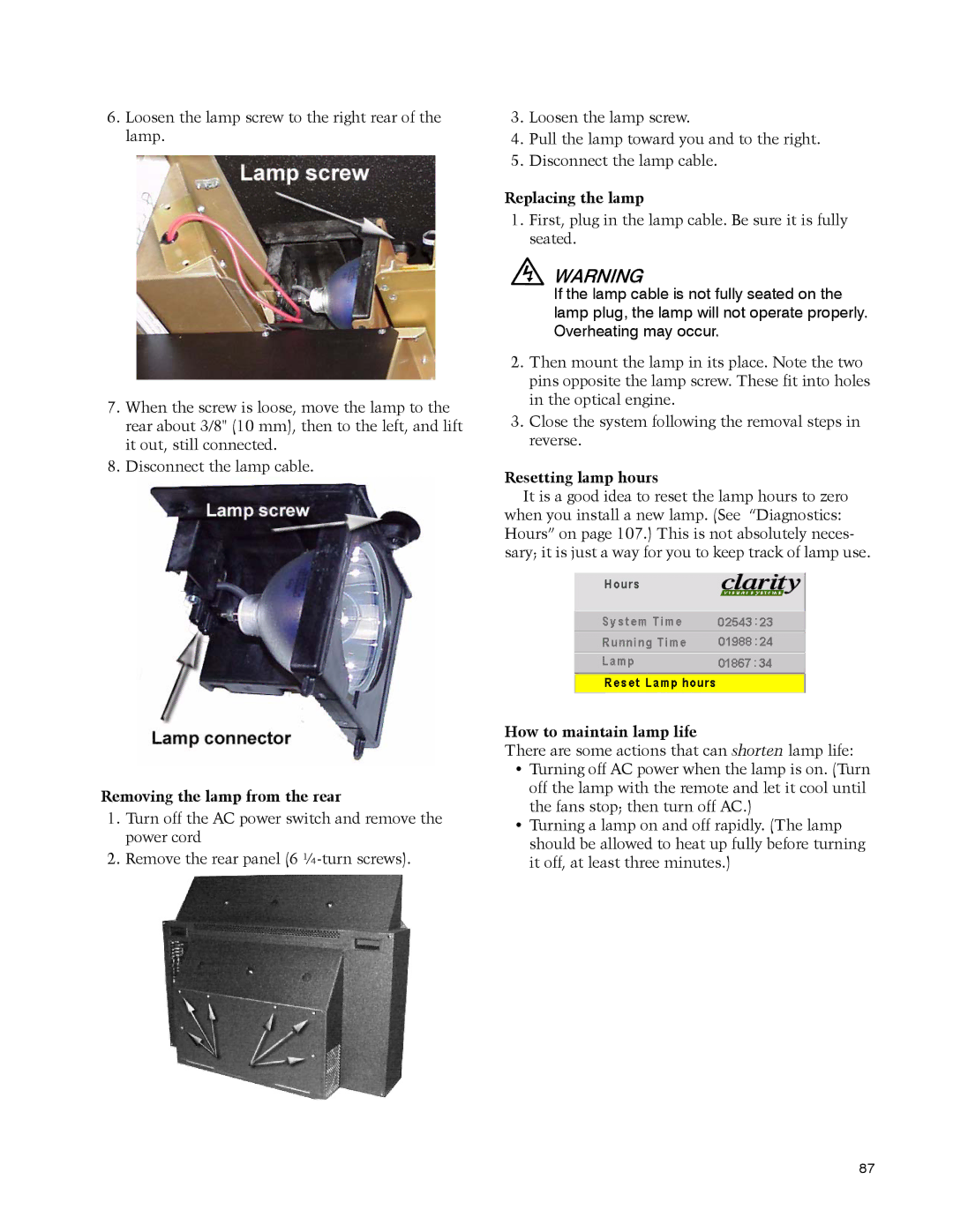 Clarity WN-5040-720 Removing the lamp from the rear, Replacing the lamp, Resetting lamp hours, How to maintain lamp life 