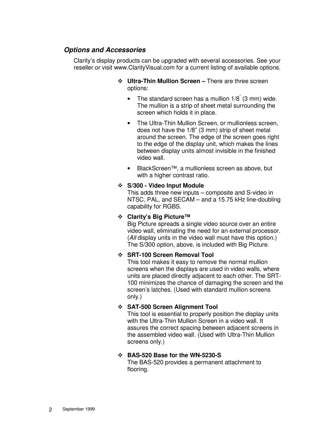 Clarity WN=5230-S manual Options and Accessories 