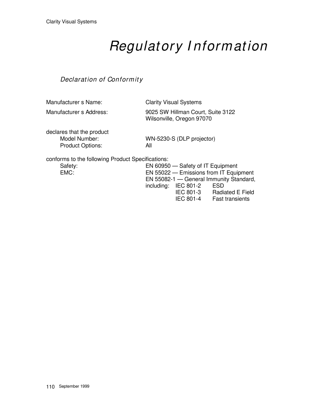 Clarity WN=5230-S manual Regulatory Information, Declaration of Conformity 