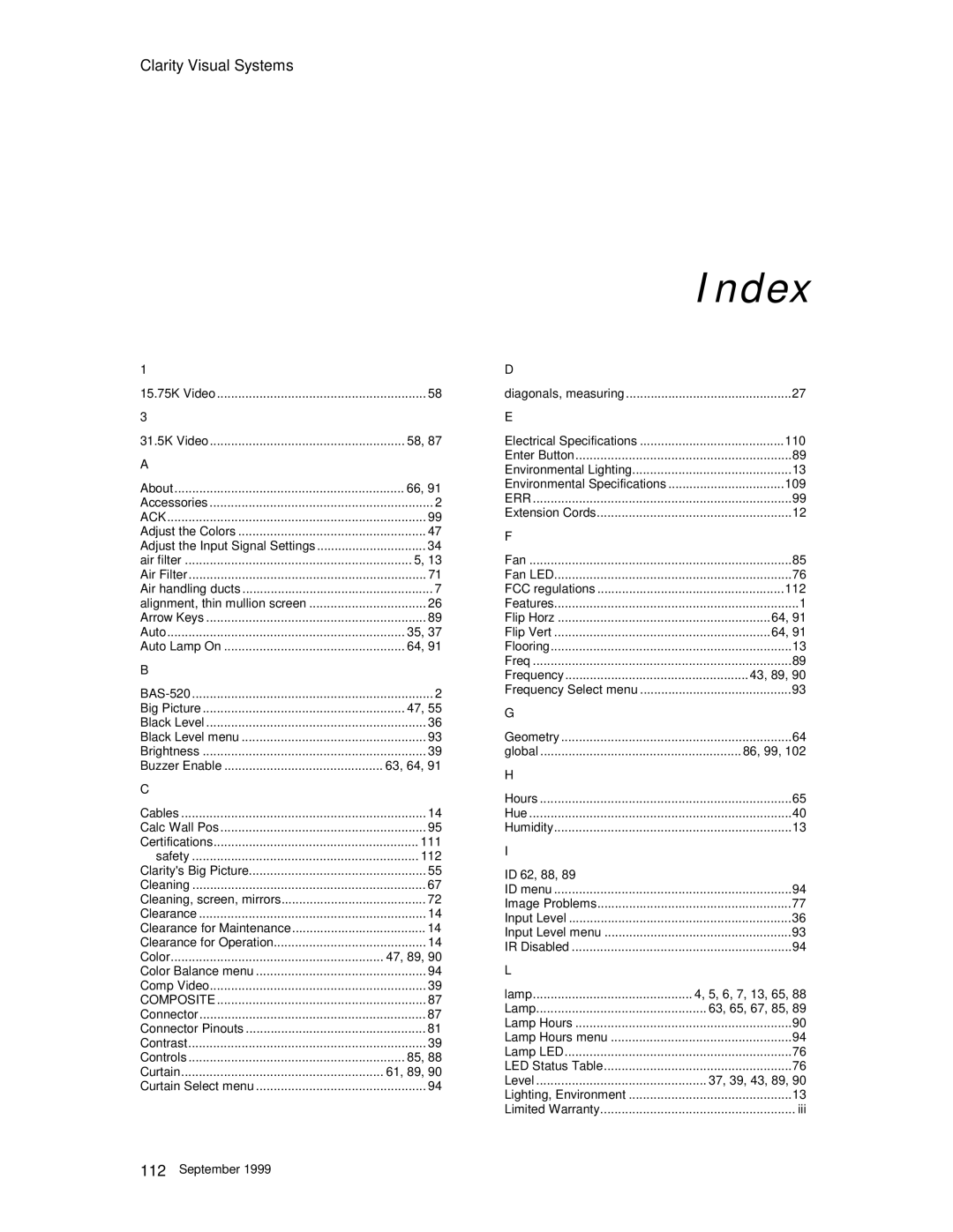 Clarity WN=5230-S manual Index, Ack 