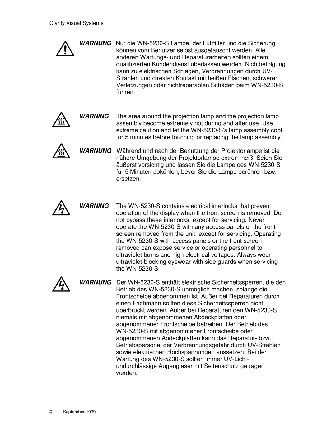 Clarity WN=5230-S manual Clarity Visual Systems 