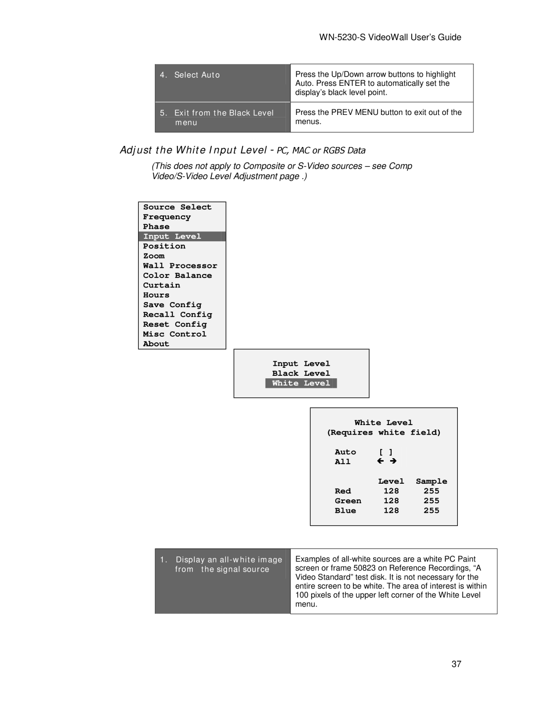 Clarity WN=5230-S manual Adjust the White Input Level PC, MAC or Rgbs Data, Select Auto Exit from the Black Level menu 