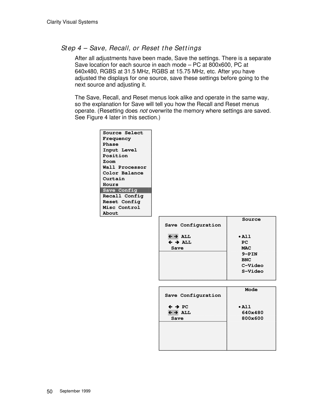 Clarity WN=5230-S manual Save, Recall, or Reset the Settings, Save 800x600 