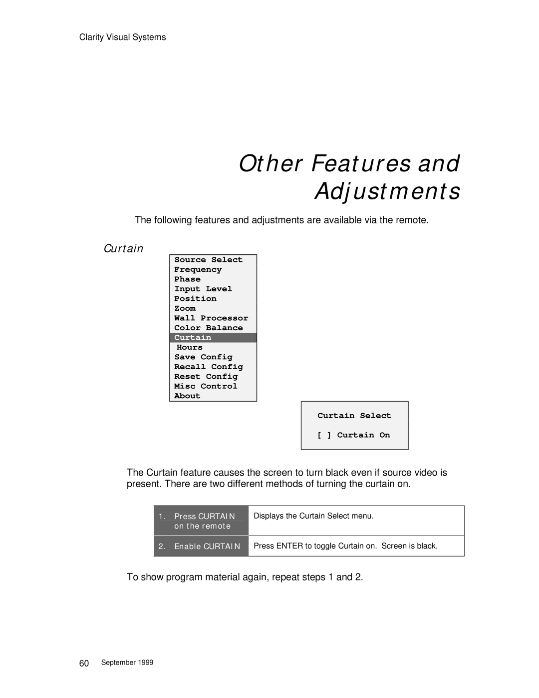 Clarity WN=5230-S manual Other Features Adjustments, Curtain 