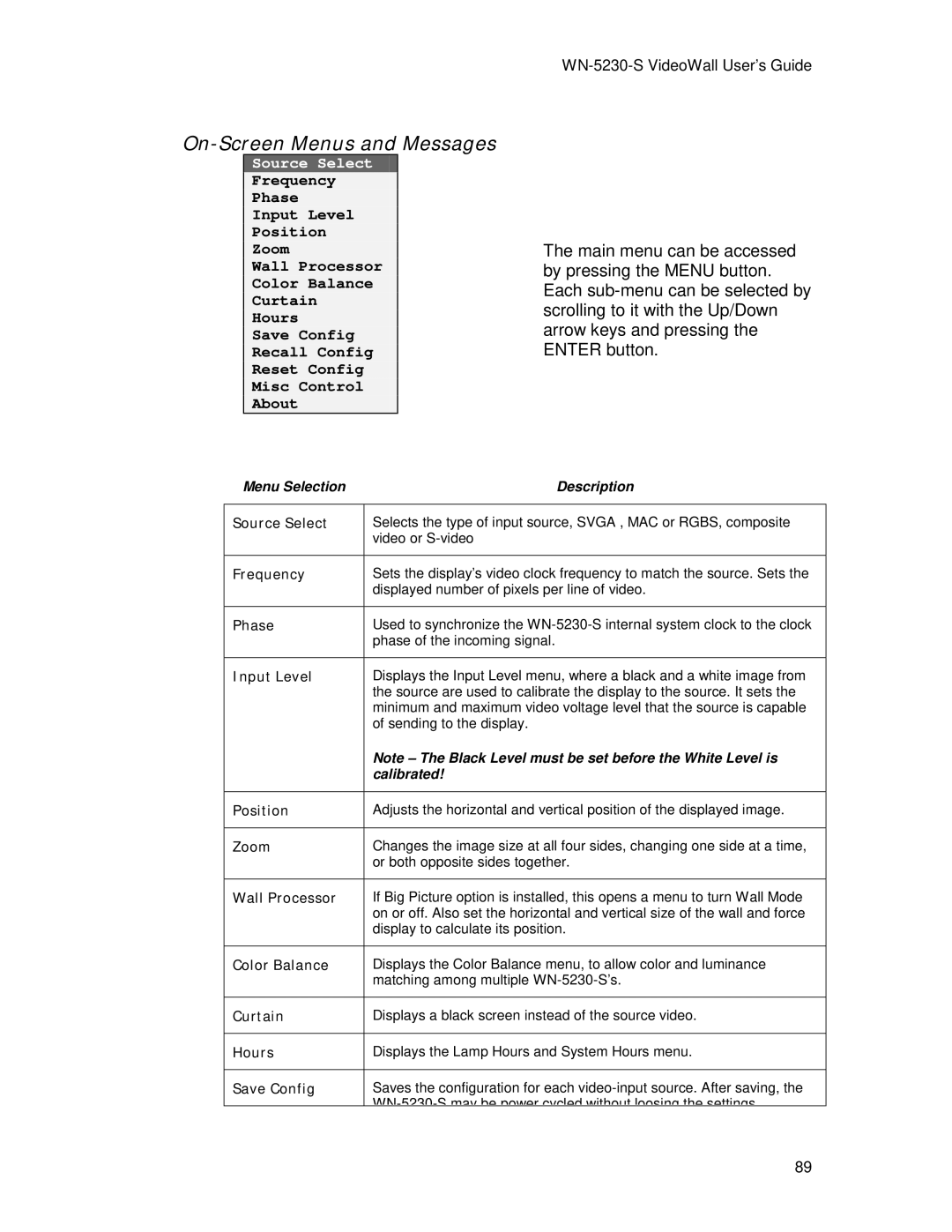 Clarity WN=5230-S manual On-Screen Menus and Messages, Frequency 