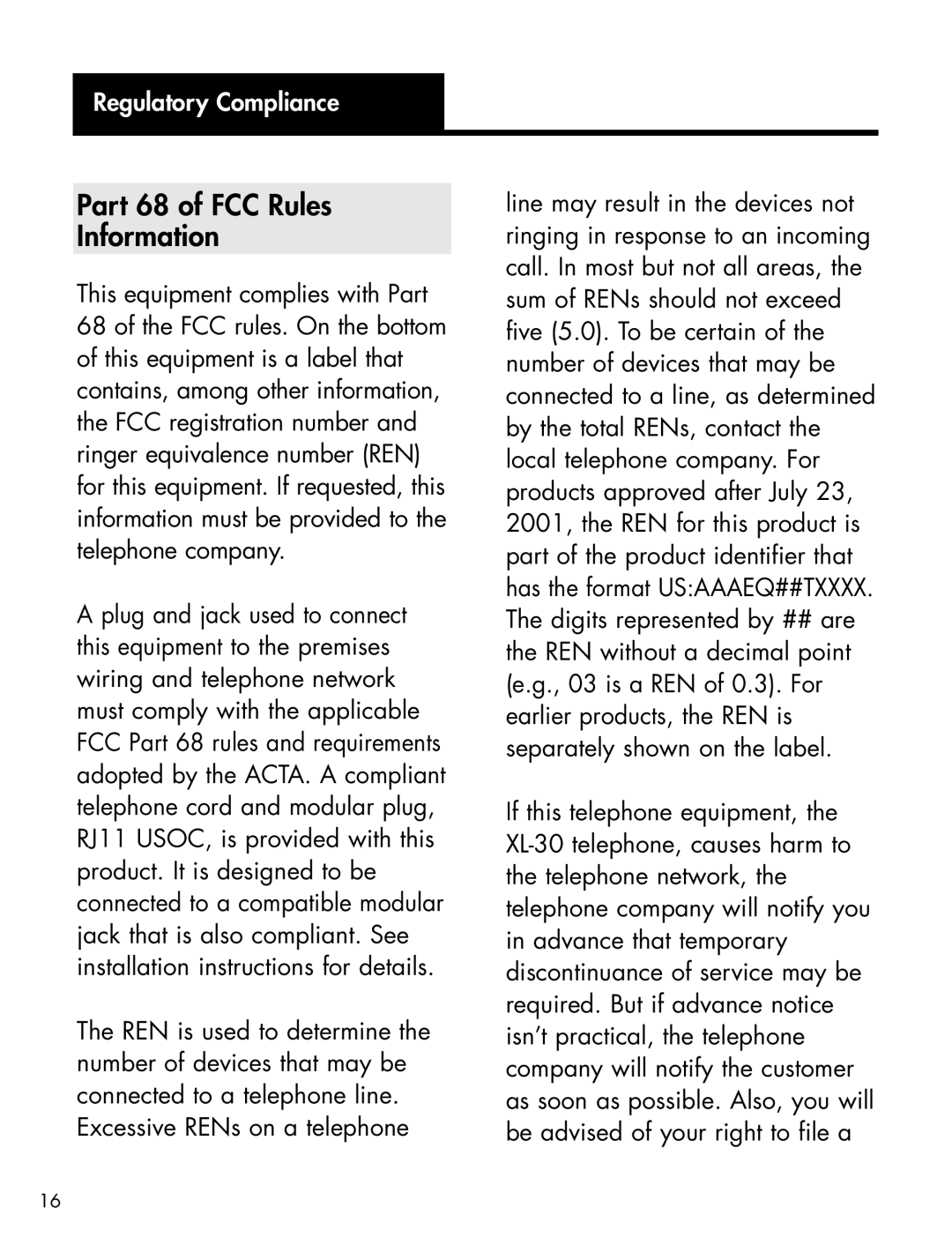 Clarity XL-25S manual Part 68 of FCC Rules Information, Regulatory Compliance 