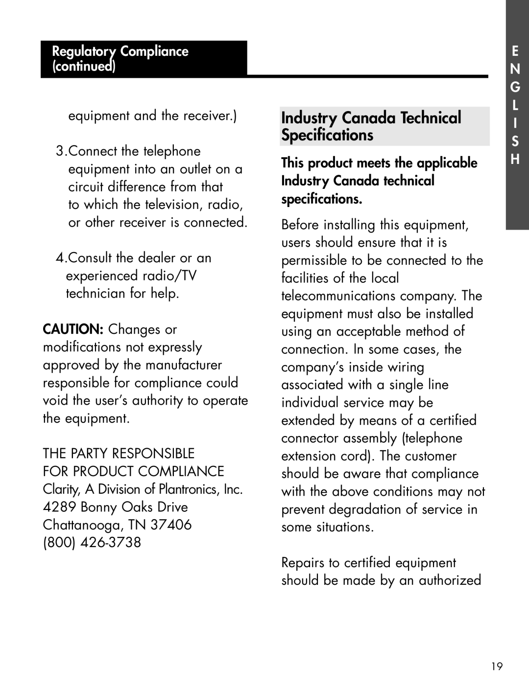 Clarity XL-25S manual Industry Canada Technical Specifications 