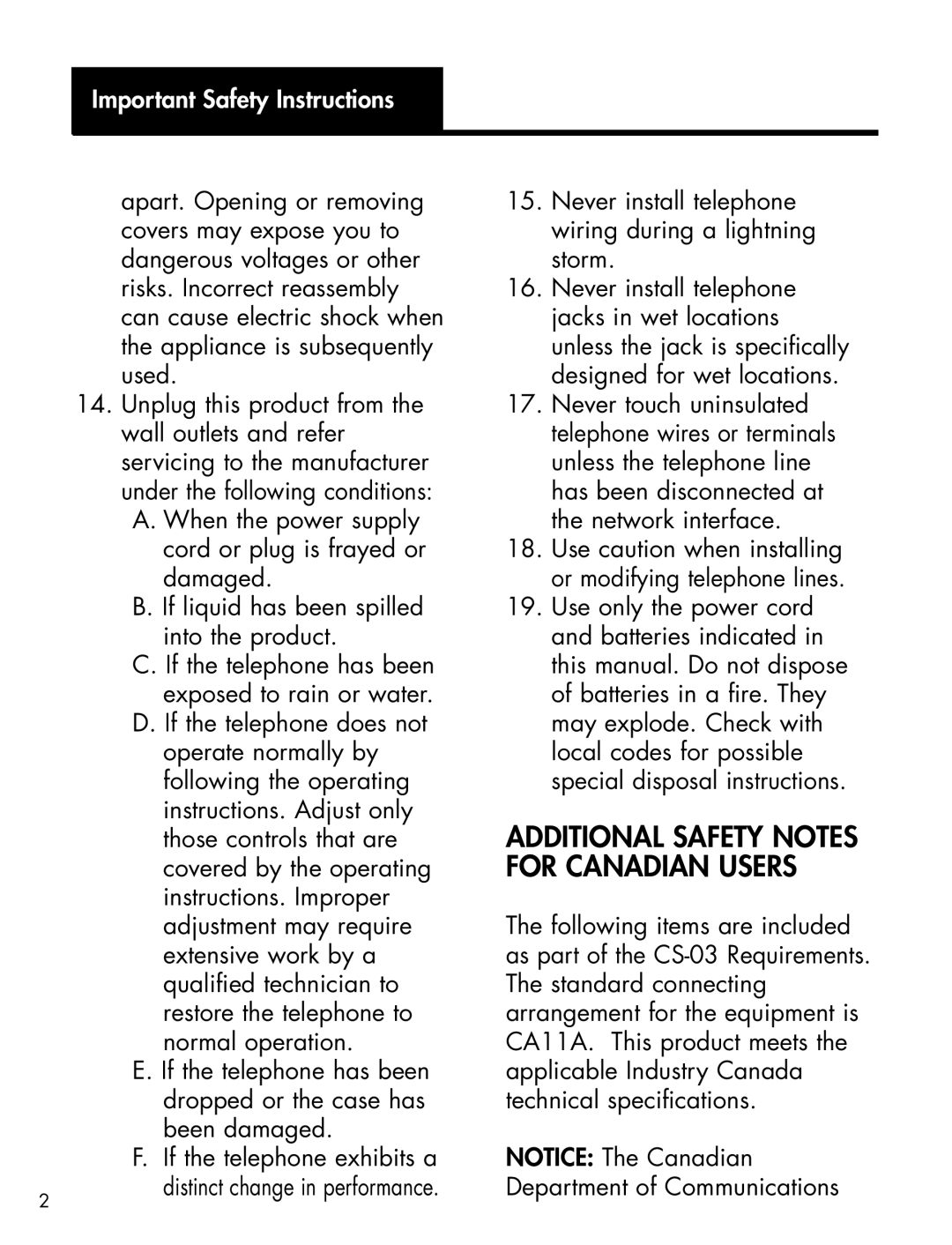 Clarity XL-25S manual Additional Safety Notes for Canadian Users 