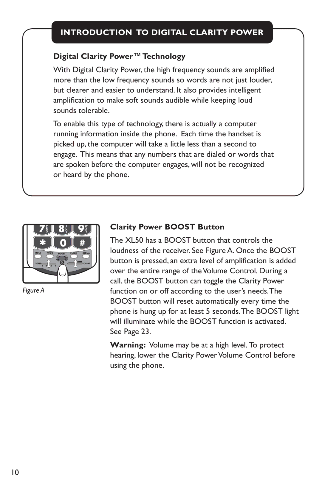 Clarity XL50 manual Introduction to Digital Clarity Power, Clarity Power Boost Button 