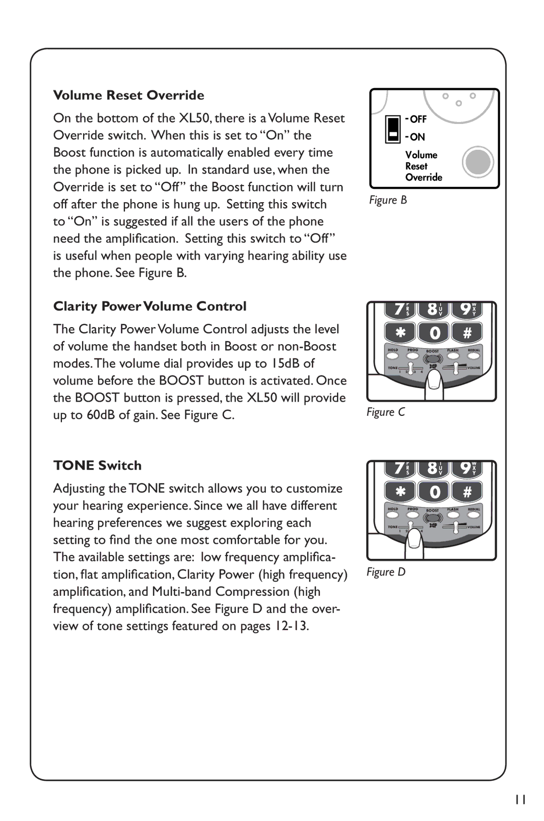 Clarity XL50 manual Volume Reset Override, Clarity Power Volume Control, Tone Switch 