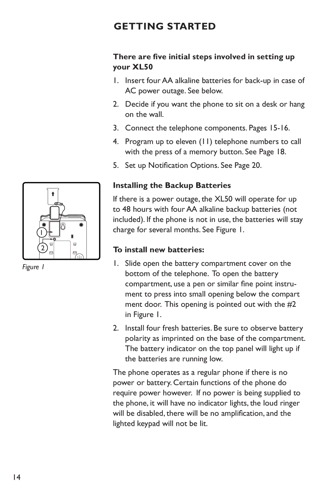 Clarity XL50 Getting Started, Set up Notification Options. See, Installing the Backup Batteries, To install new batteries 