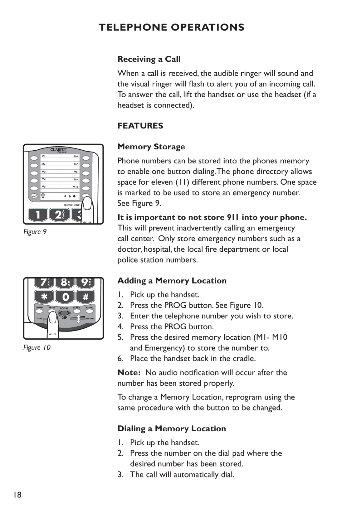 Clarity XL50 manual Telephone Operations 