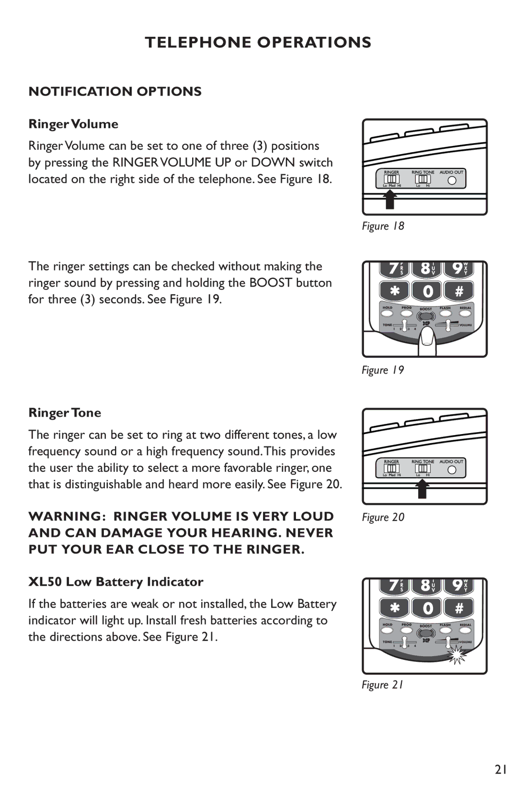 Clarity XL50 manual Ringer Volume, Ringer Tone, Directions above. See Figure 