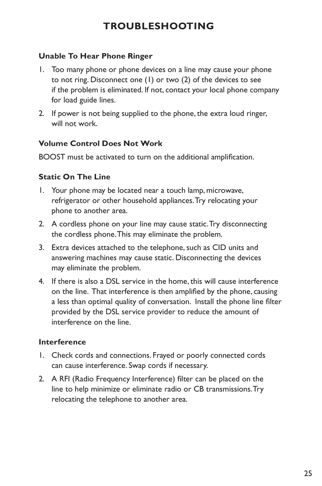 Clarity XL50 manual Unable To Hear Phone Ringer, Volume Control Does Not Work, Static On The Line, Interference 