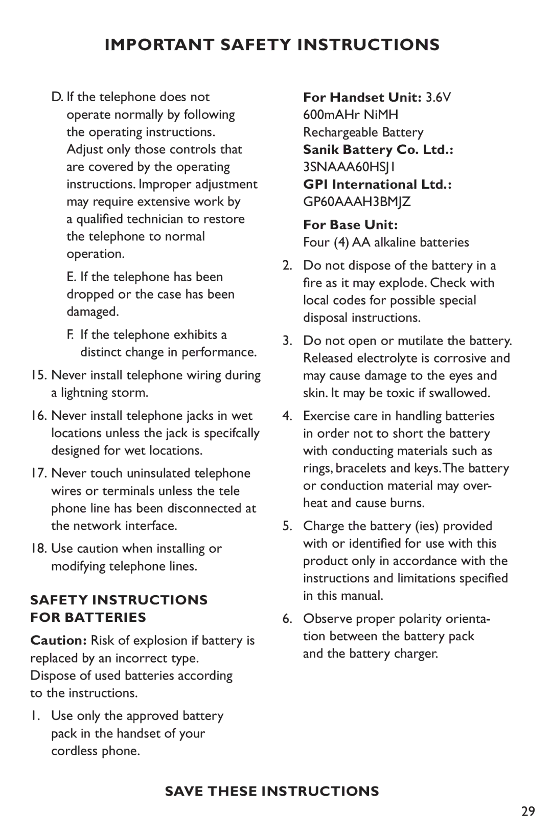 Clarity XL50 Never install telephone wiring during a lightning storm, Safety Instructions For Batteries, For Base Unit 