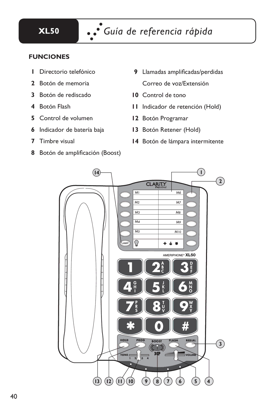 Clarity XL50 manual Directorio telefónico, Botón de amplificación Boost 