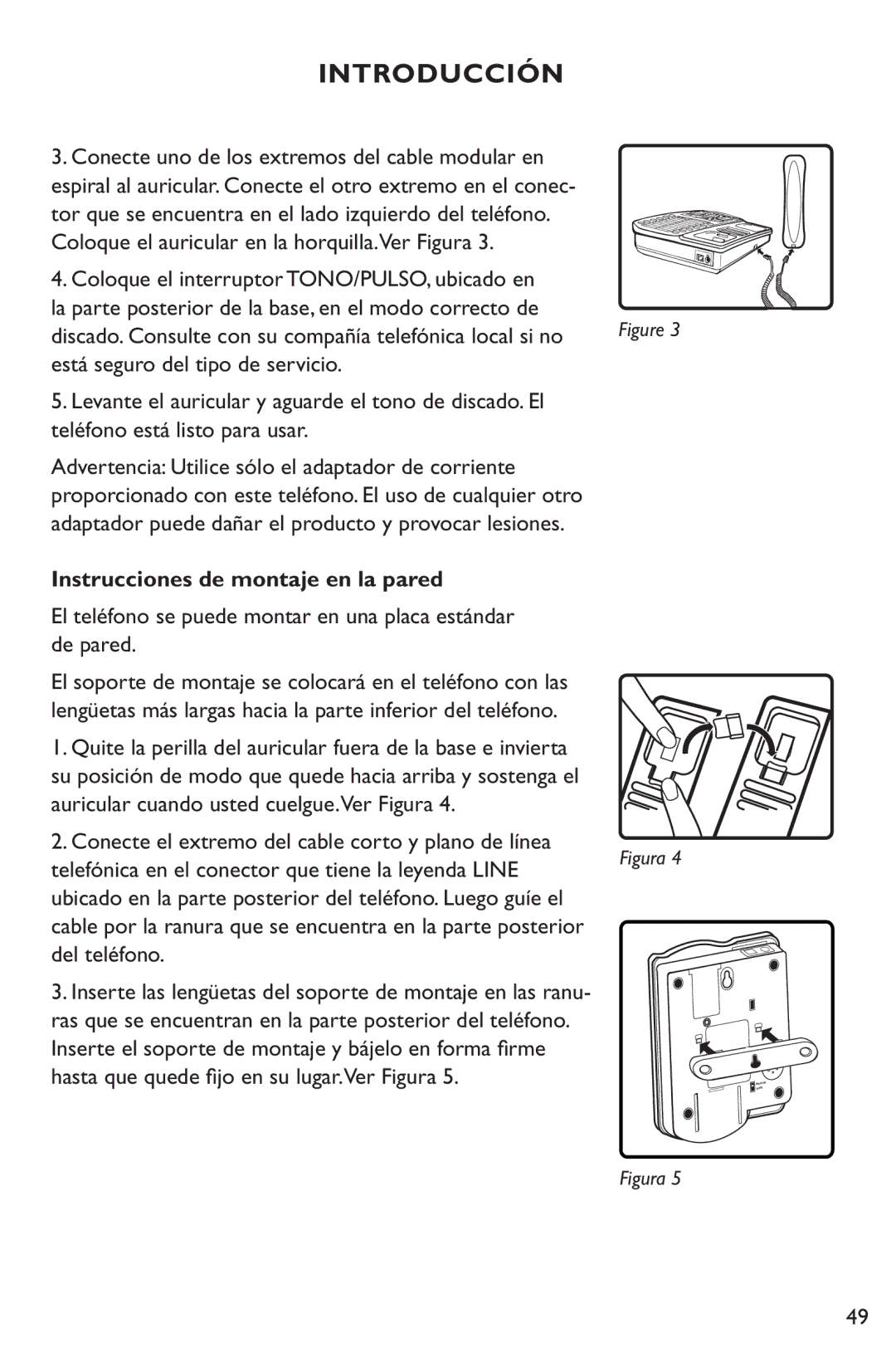 Clarity XL50 manual Instrucciones de montaje en la pared, Telefónica en el conector que tiene la leyenda Line 