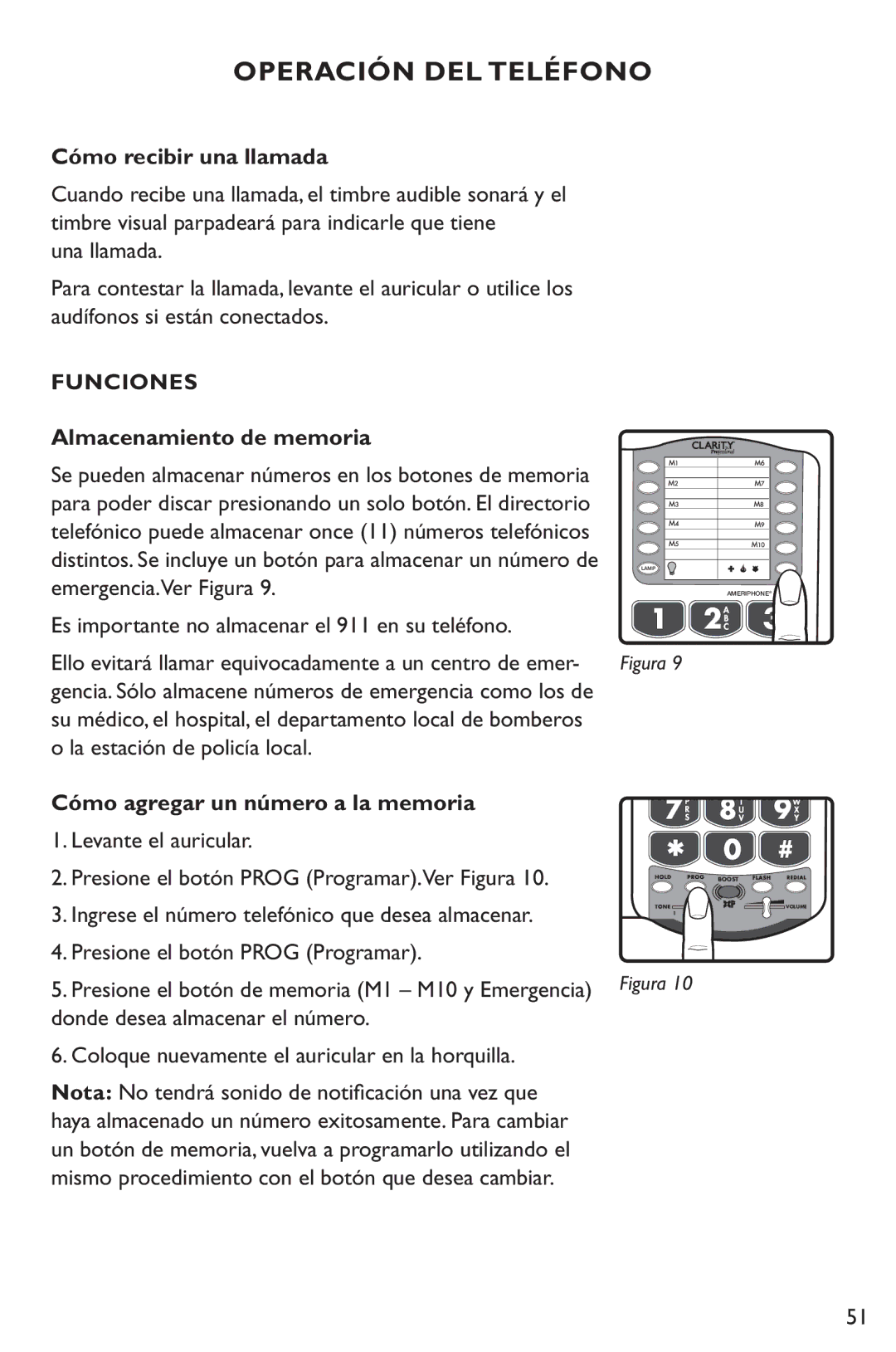 Clarity XL50 manual Operación DEL Teléfono, Cómo recibir una llamada, Almacenamiento de memoria 