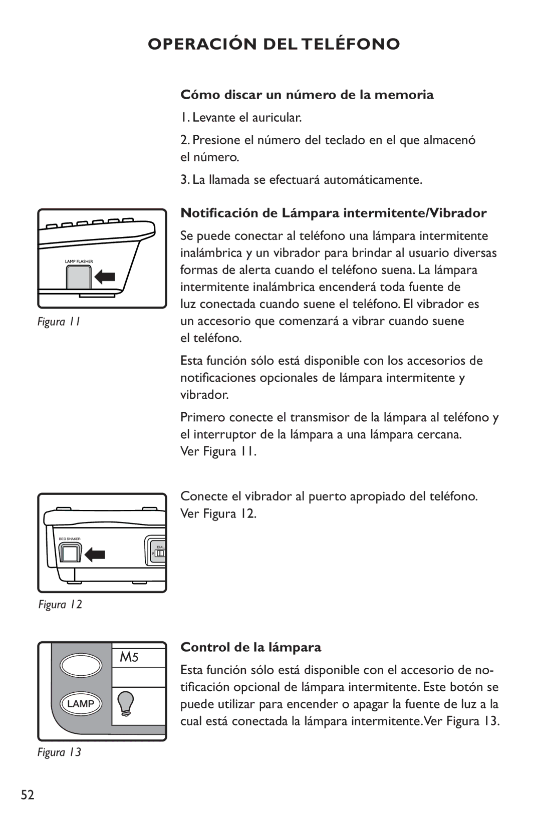 Clarity XL50 Cómo discar un número de la memoria, Notificación de Lámpara intermitente/Vibrador, Control de la lámpara 