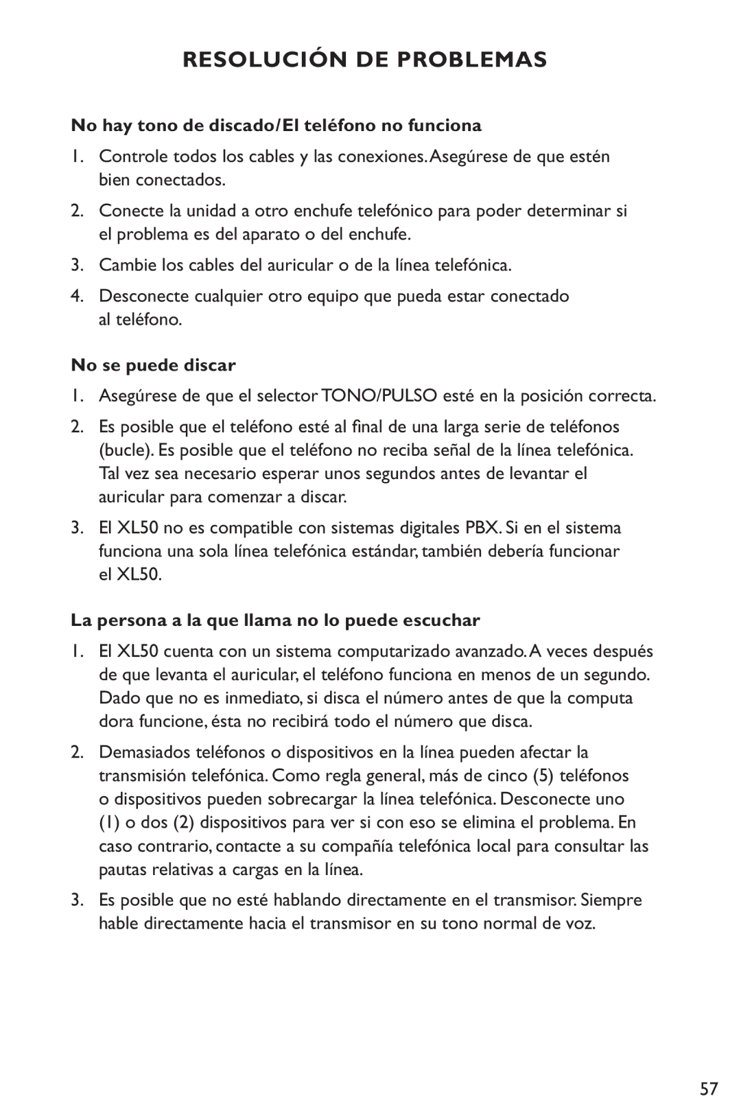 Clarity XL50 manual Resolución DE Problemas, No hay tono de discado/El teléfono no funciona, No se puede discar 