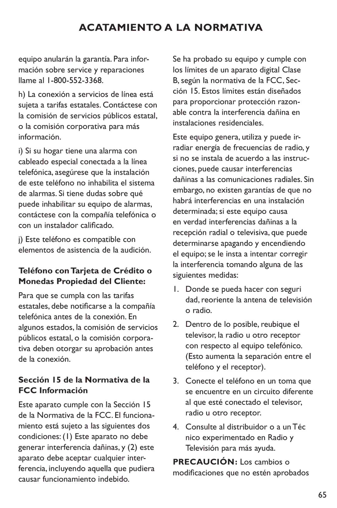 Clarity XL50 manual Sección 15 de la Normativa de la FCC Información 