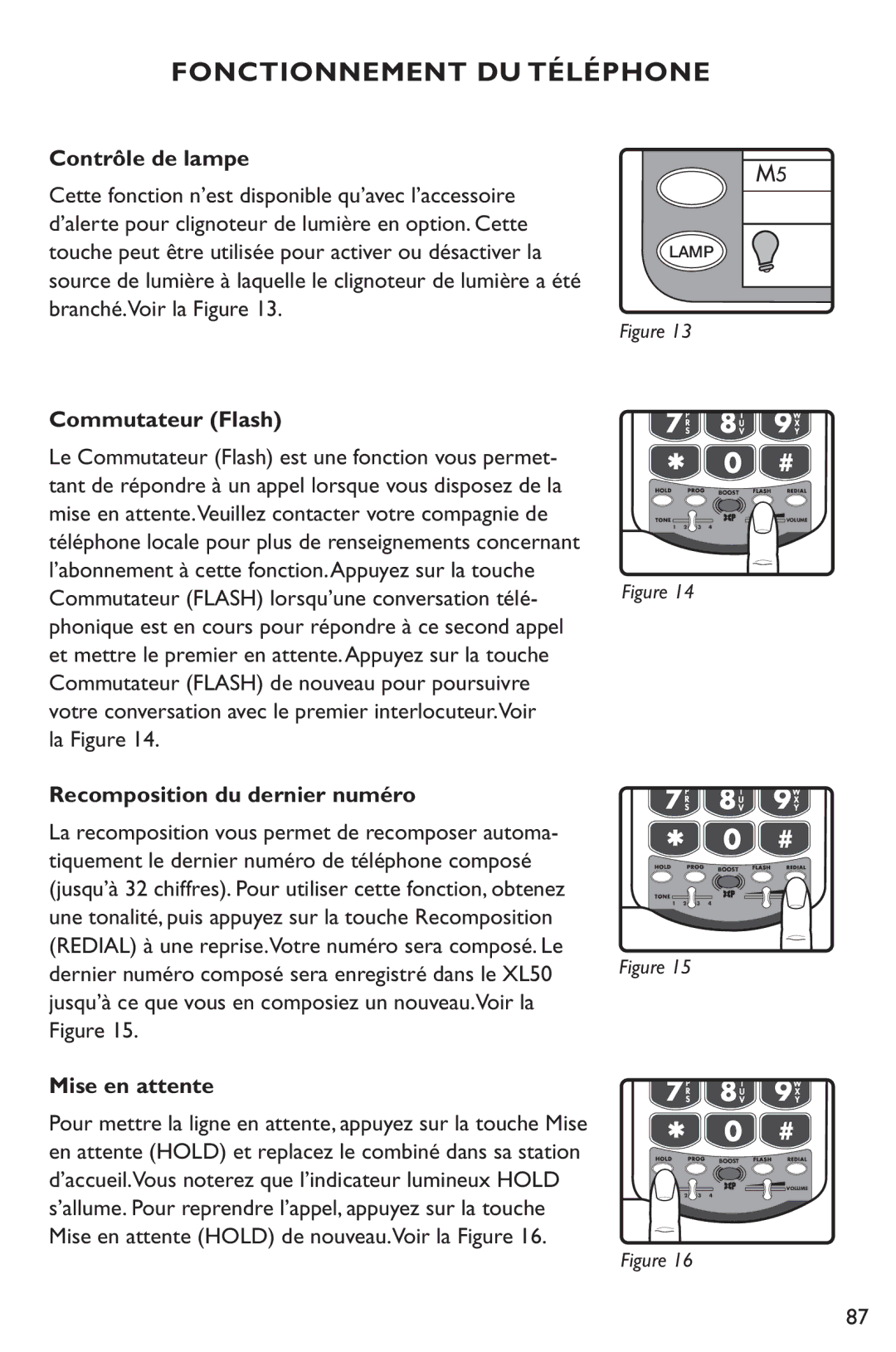 Clarity XL50 manual Contrôle de lampe, Commutateur Flash, La Figure, Recomposition du dernier numéro, Mise en attente 