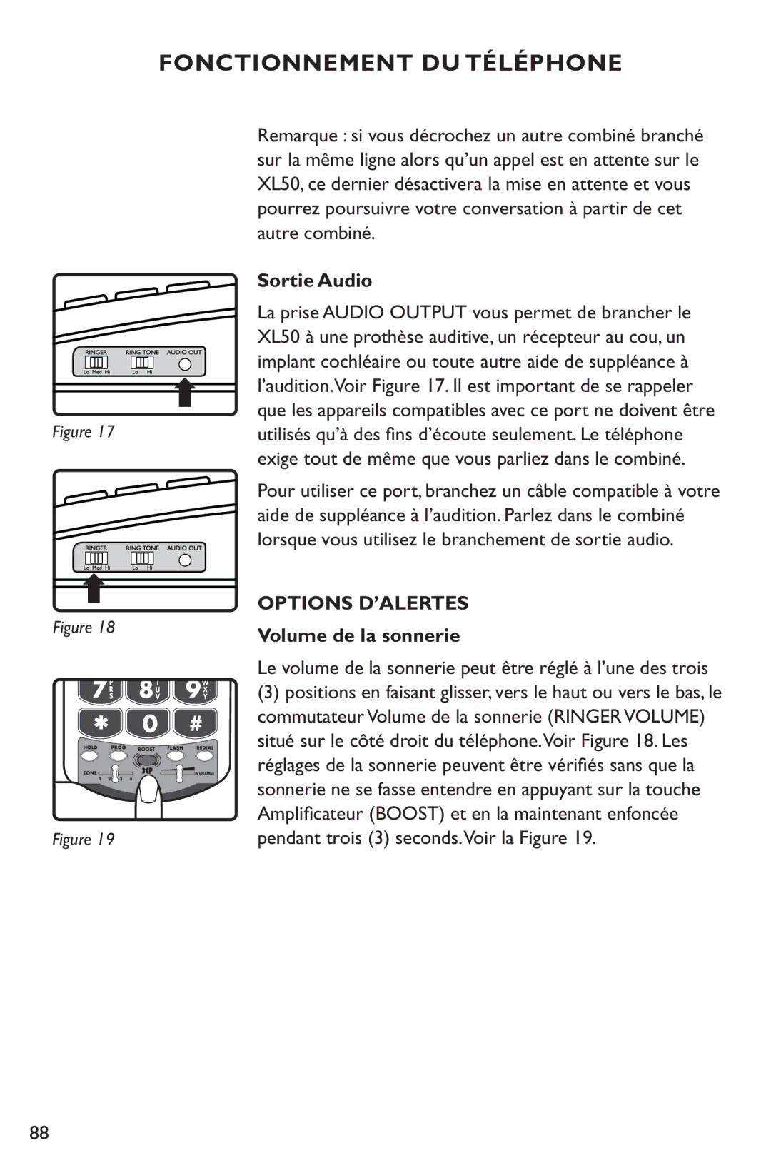 Clarity XL50 manual Sortie Audio, Volume de la sonnerie, Le volume de la sonnerie peut être réglé à l’une des trois 