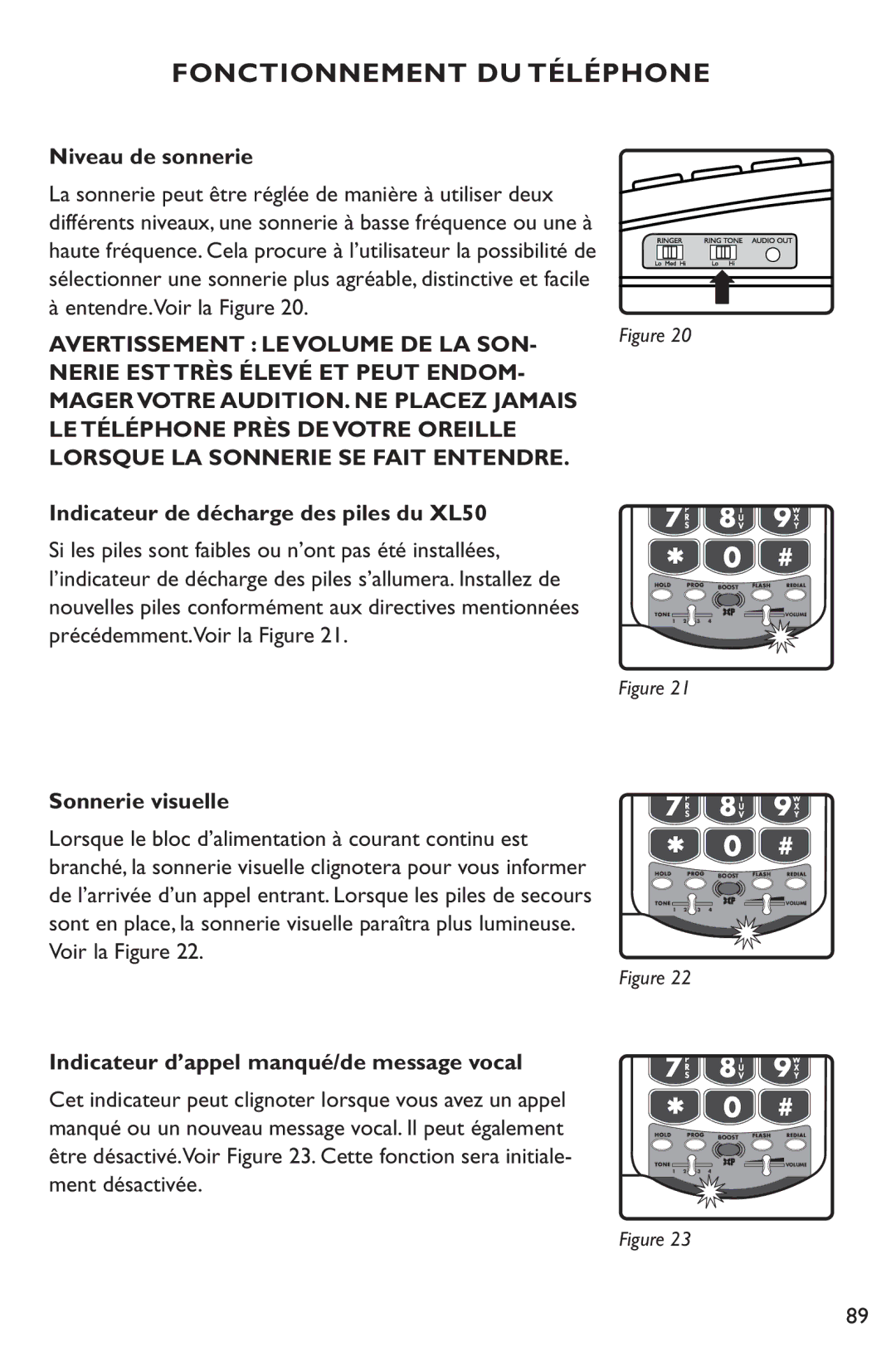 Clarity manual Niveau de sonnerie, Indicateur de décharge des piles du XL50, Indicateur d’appel manqué/de message vocal 