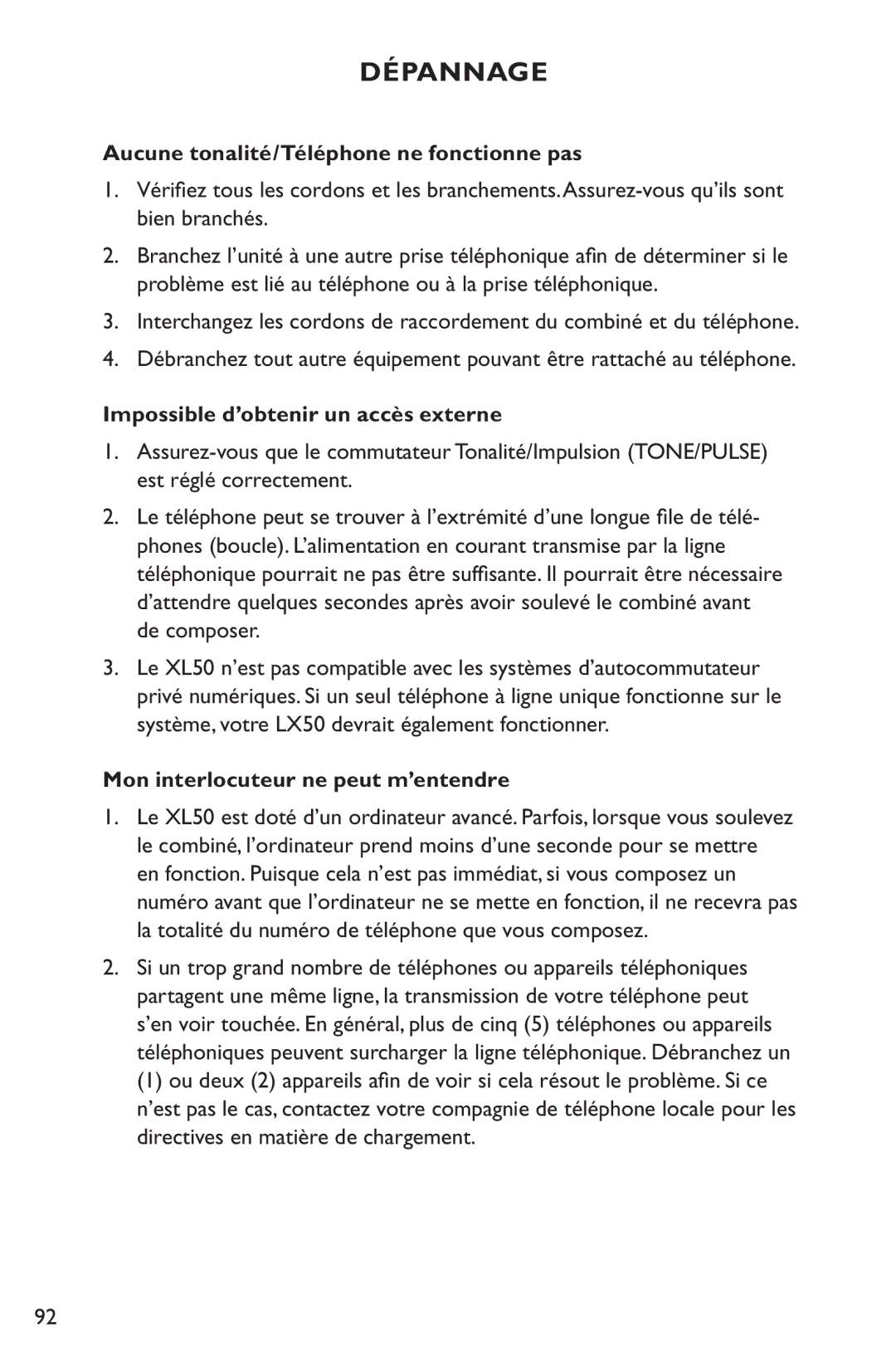 Clarity XL50 manual Dépannage, Aucune tonalité/Téléphone ne fonctionne pas, Impossible d’obtenir un accès externe 