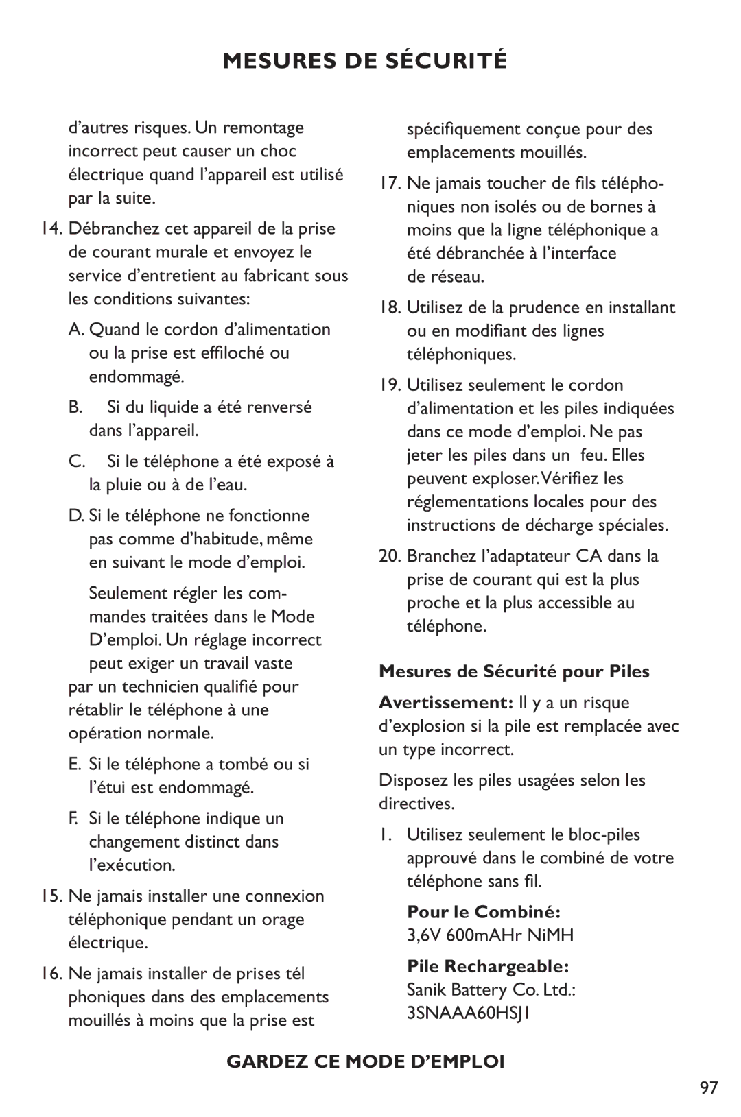 Clarity XL50 manual Spécifiquement conçue pour des emplacements mouillés, Mesures de Sécurité pour Piles 