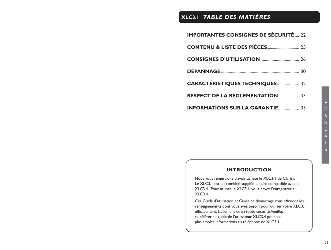 Clarity XLC 3.1 manual XLC3.1 Table DES Matières, Importantes Consignes DE Sécurité, Caractéristiques Techniques 