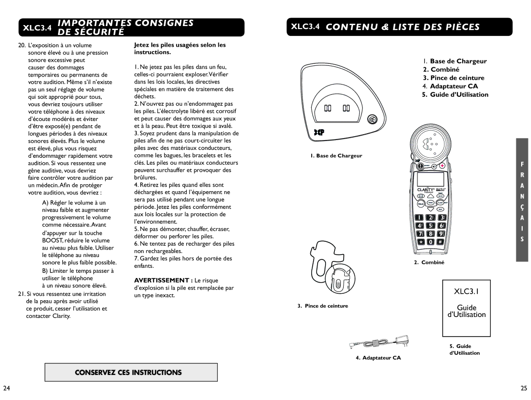 Clarity XLC 3.1 manual Jetez les piles usagées selon les instructions 