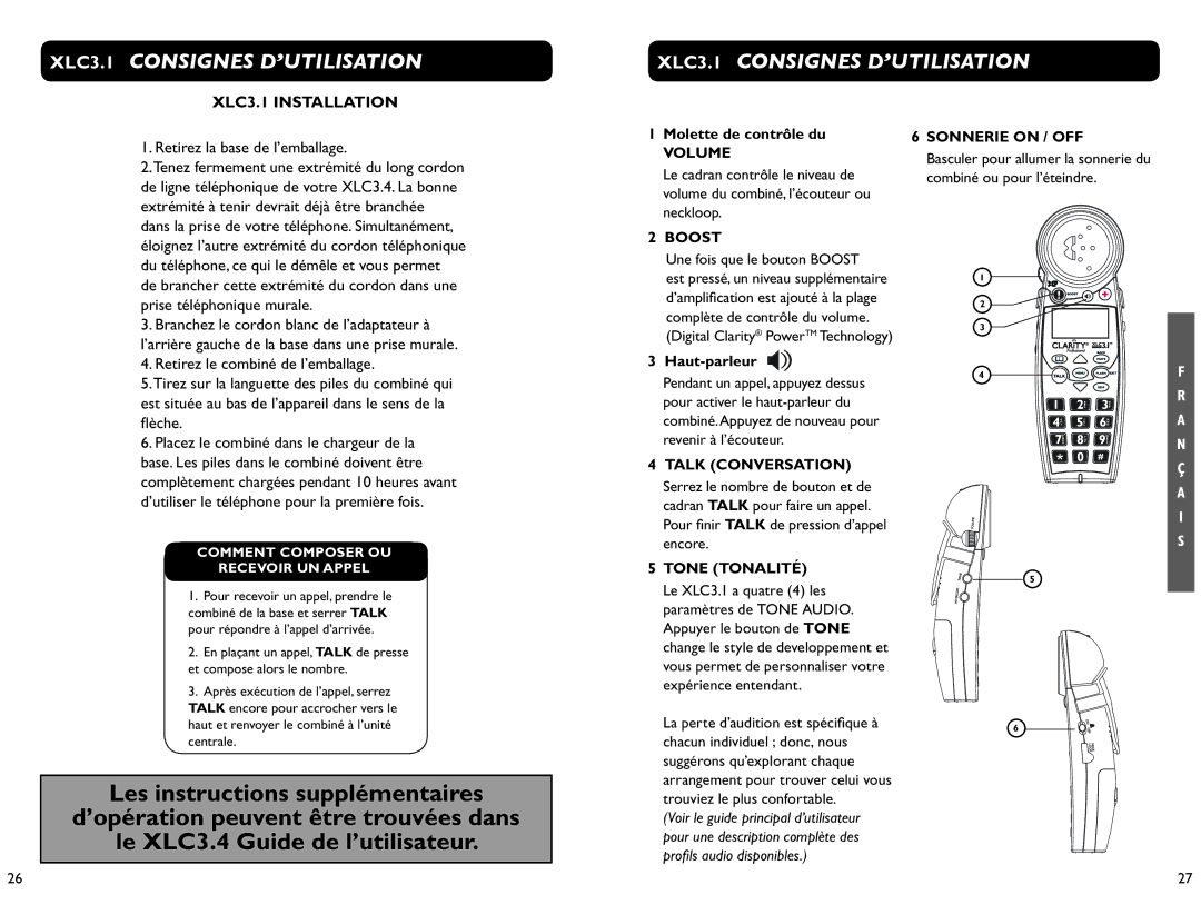 Clarity XLC 3.1 manual XLC3.1 Consignes D’UTILISATION, Molette de contrôle du, Une fois que le bouton Boost, Haut-parleur  