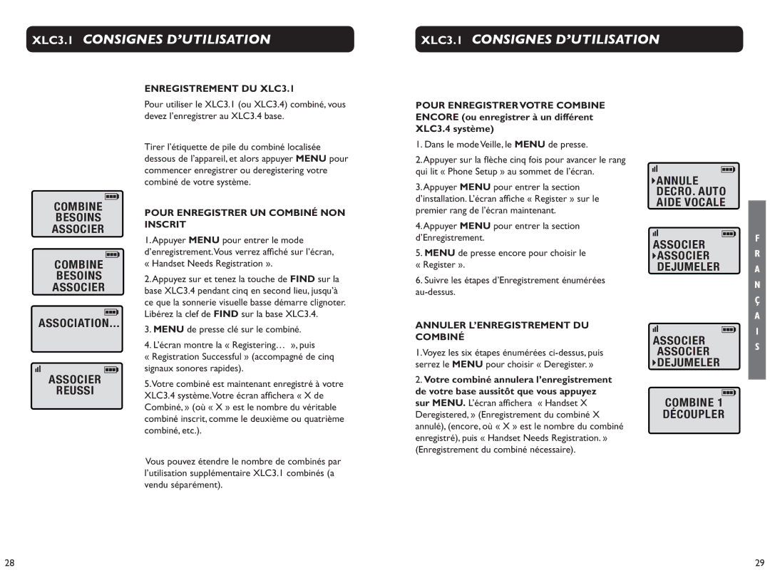 Clarity XLC 3.1 manual Combine Besoins Associer Association Reussi, Dans le mode Veille, le Menu de presse 