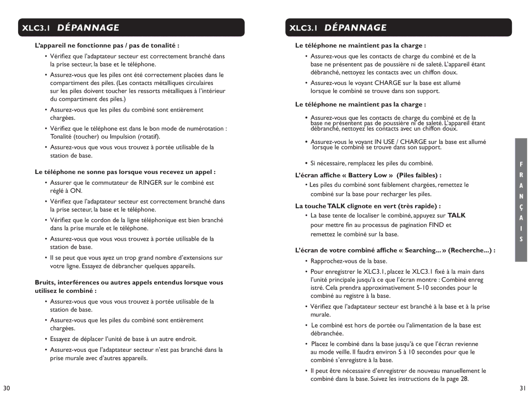 Clarity XLC 3.1 manual XLC3.1 Dépannage 