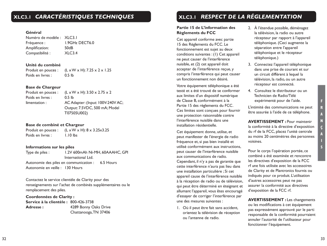 Clarity XLC 3.1 manual Général, Unité du combiné, Base de Chargeur, Base de combiné et Chargeur, Informations sur les piles 